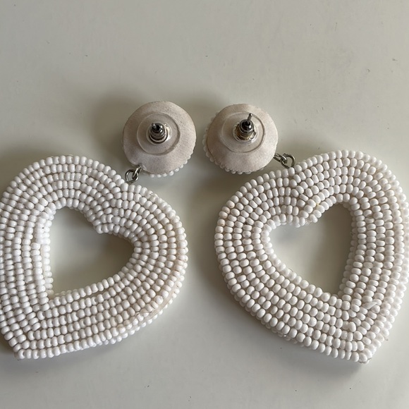 Hand Beaded White Heart Earrings - Picture 3 of 5